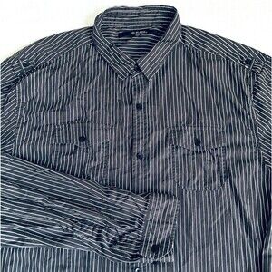 CJ Black Rue 21 Shirt Stripe Gray Cotton XL XXL Men Epaulette Preppy Y2K 1990s